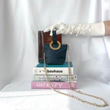 Celine中古深藍色金色環扣小手袋贈肩帶側肩斜背包未使用品原裝盒