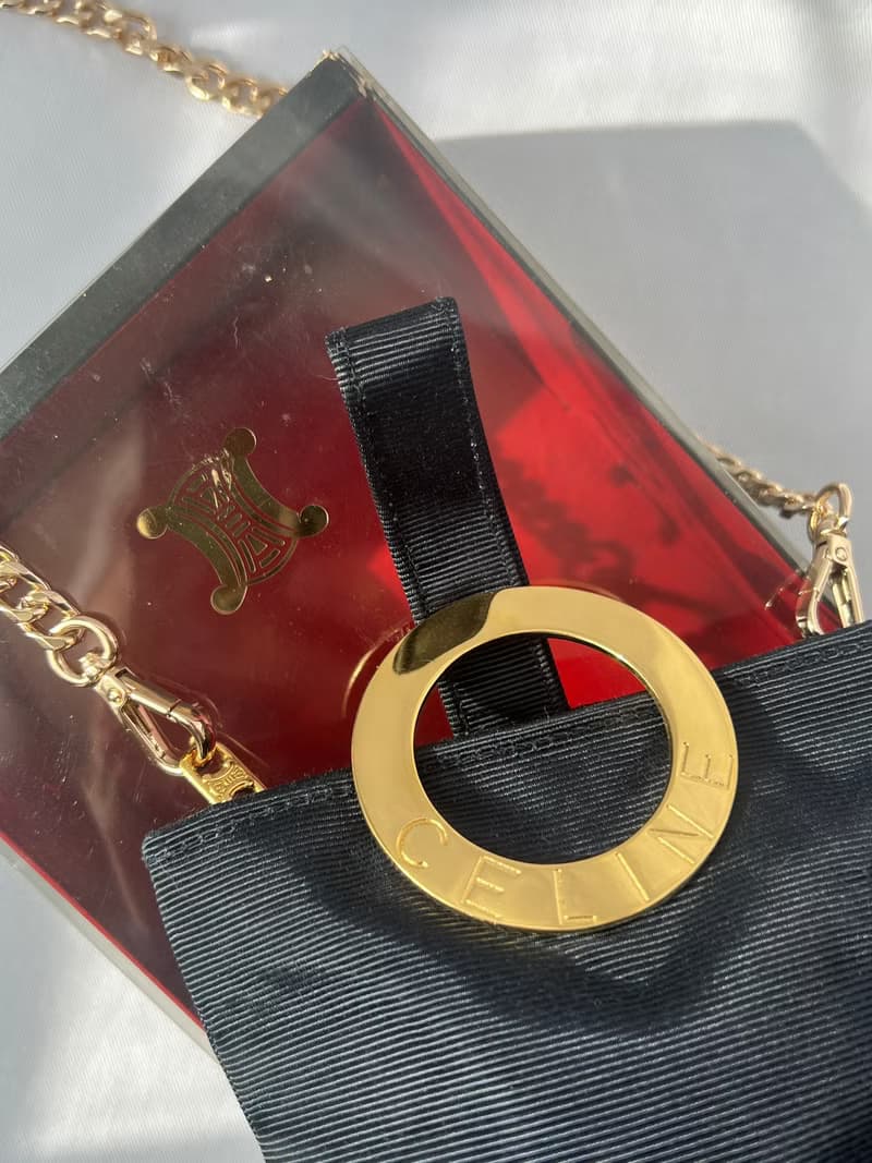 Celine中古深藍色金色環扣小手袋贈肩帶側肩斜背包未使用品原裝盒