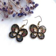 Vintage Jewelry 西洋古董飾品 黑底 蝴蝶 景泰藍 耳勾 針式耳環