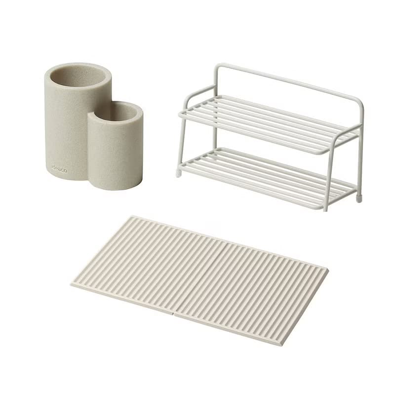 日本ideaco 砂岩雙層杯瓶餐具瀝水架3件組-多色可選