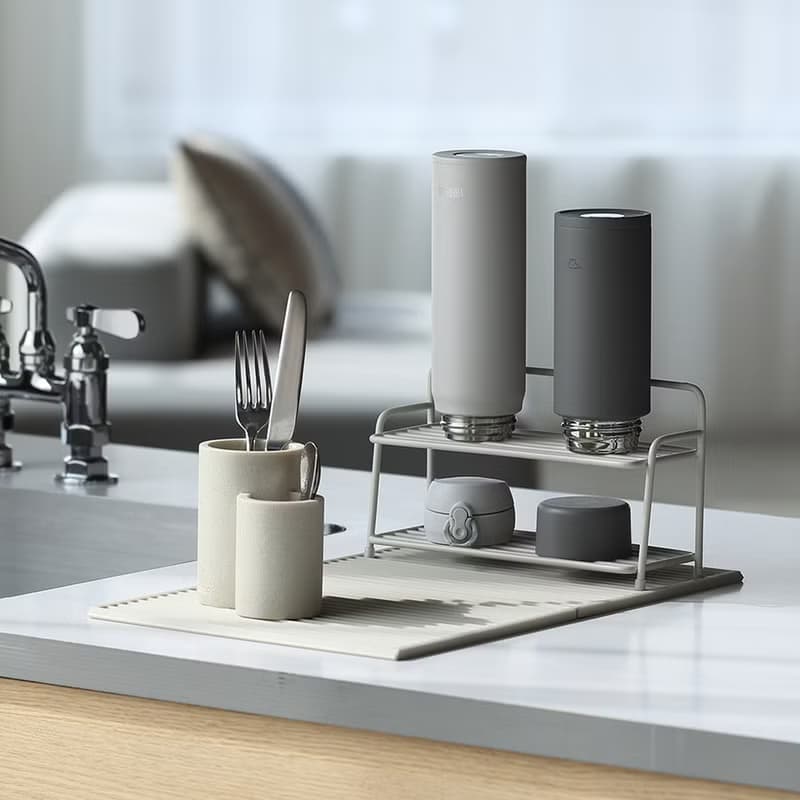 日本ideaco 砂岩雙層杯瓶餐具瀝水架3件組-多色可選