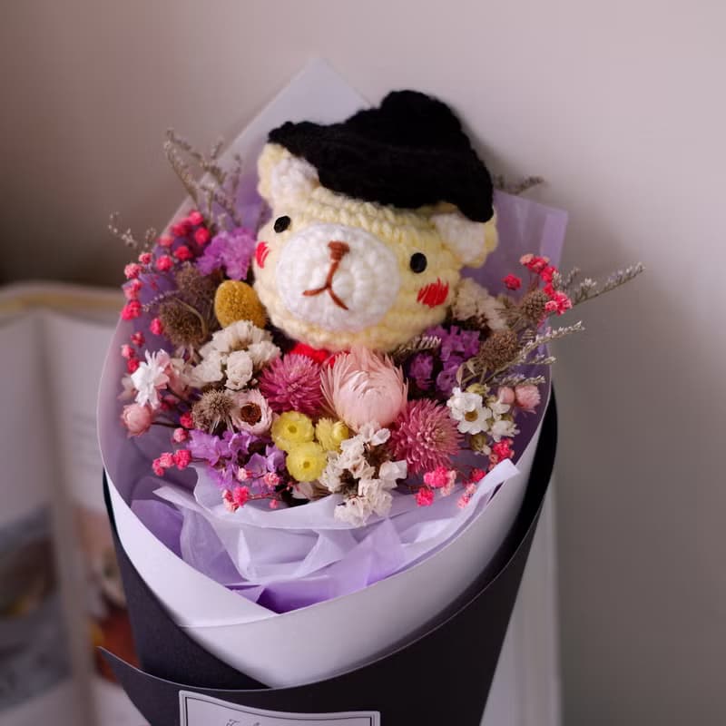 未完待續 | 手工 畢業熊乾燥花 長花束  鉤針娃娃 鵝黃熊款 預購