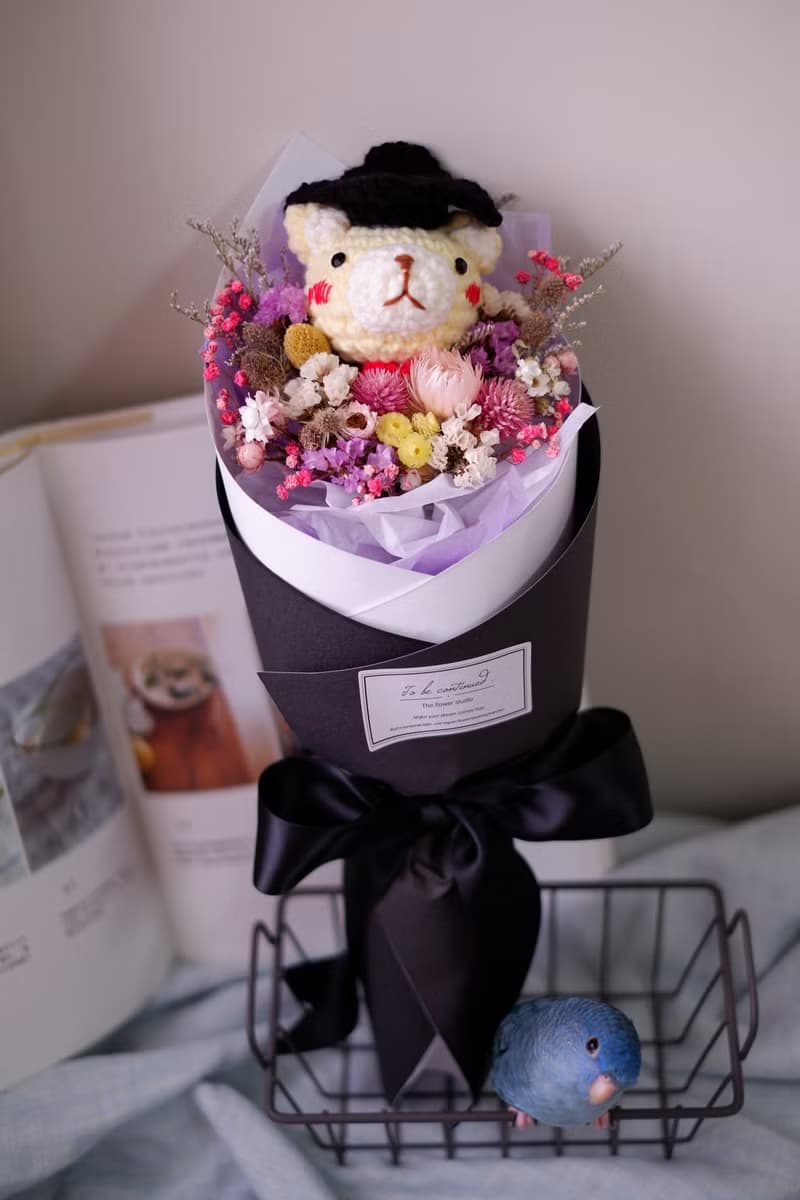 未完待續 | 手工 畢業熊乾燥花 長花束  鉤針娃娃 鵝黃熊款 預購