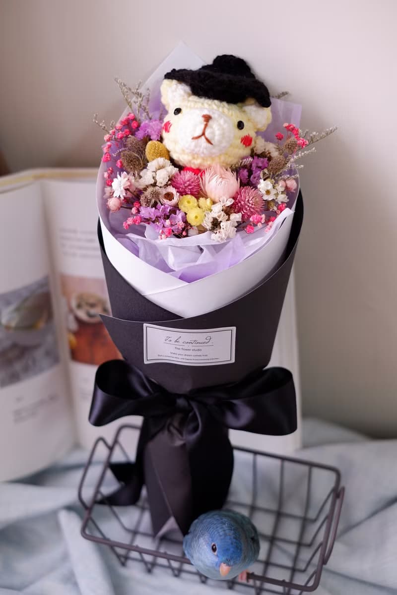 未完待續 | 手工 畢業熊乾燥花 長花束  鉤針娃娃 鵝黃熊款 預購