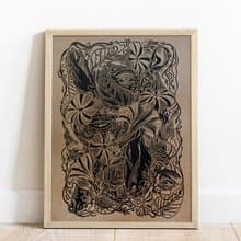 Linocut print Human among nature flowers Original artwork Botanical wall art