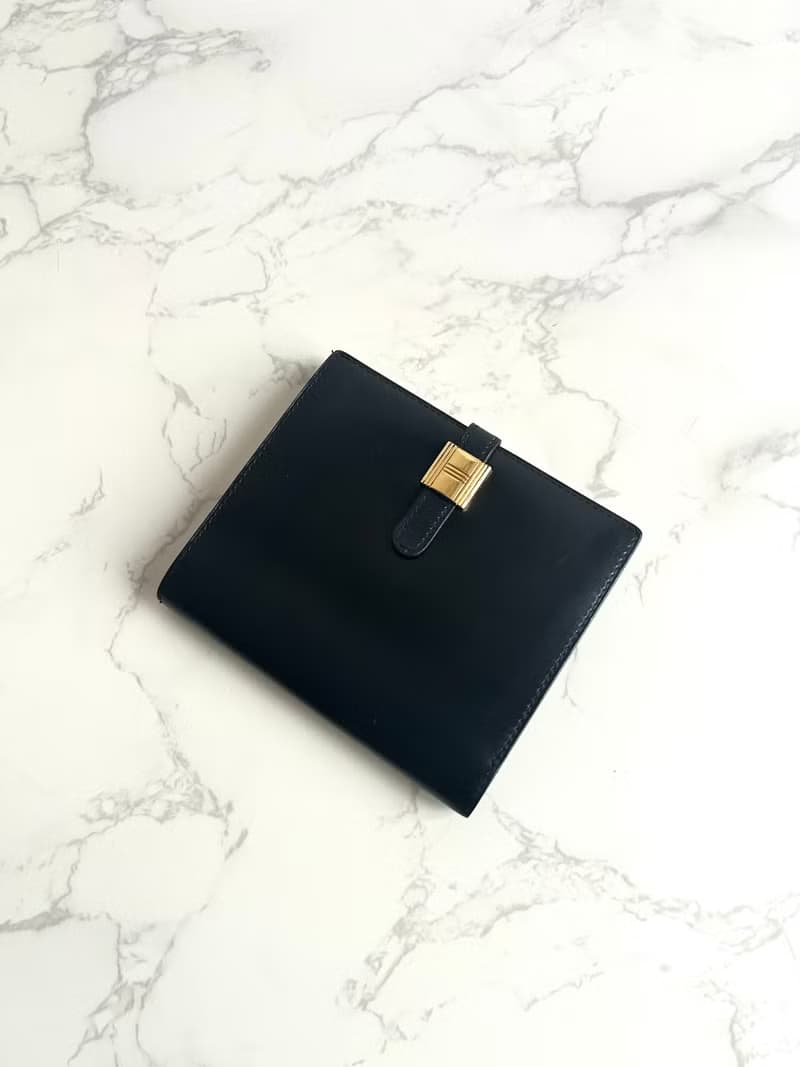 中古二手Hermes Saumur Diane復古黑色金扣皮革古董短夾錢包卡包
