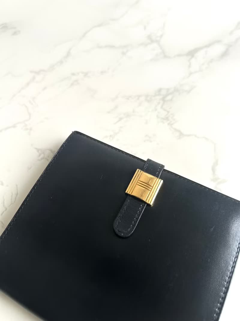 中古二手Hermes Saumur Diane復古黑色金扣皮革古董短夾錢包卡包