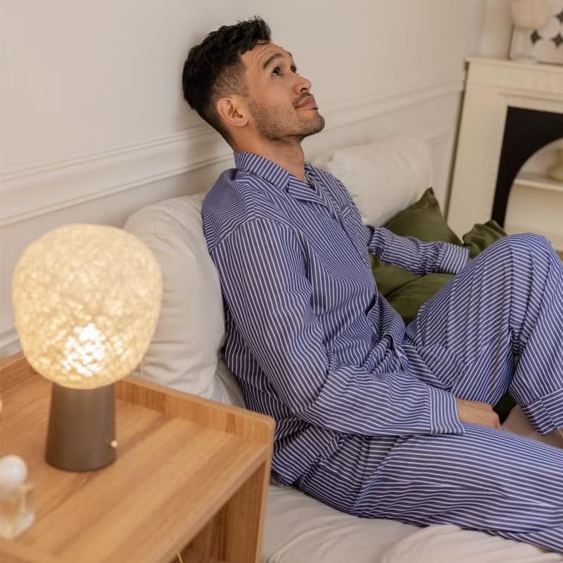 親膚柔軟感條紋長袖套裝-午夜藍條紋 男 獨家送電繡服務