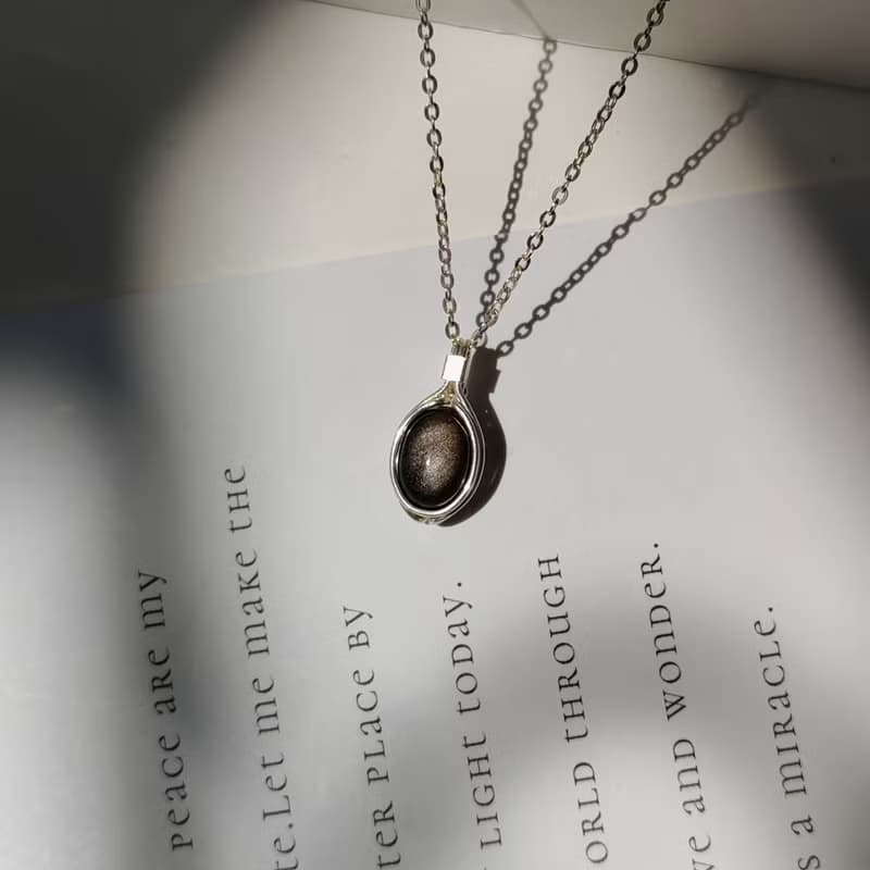 日光黑耀石吊墜 銀色耀石項鏈 純銀黑色弧面寶石鑲石項鍊