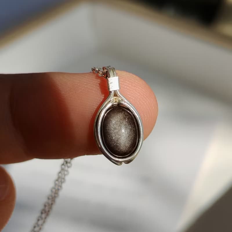 日光黑耀石吊墜 銀色耀石項鏈 純銀黑色弧面寶石鑲石項鍊