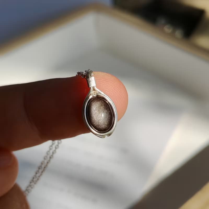 日光黑耀石吊墜 銀色耀石項鏈 純銀黑色弧面寶石鑲石項鍊