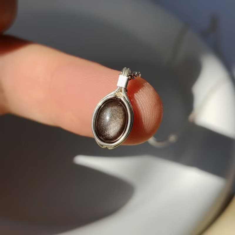 日光黑耀石吊墜 銀色耀石項鏈 純銀黑色弧面寶石鑲石項鍊