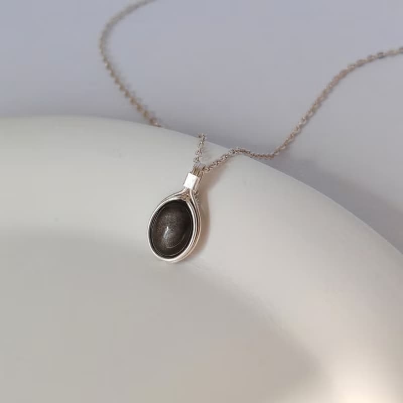 日光黑耀石吊墜 銀色耀石項鏈 純銀黑色弧面寶石鑲石項鍊