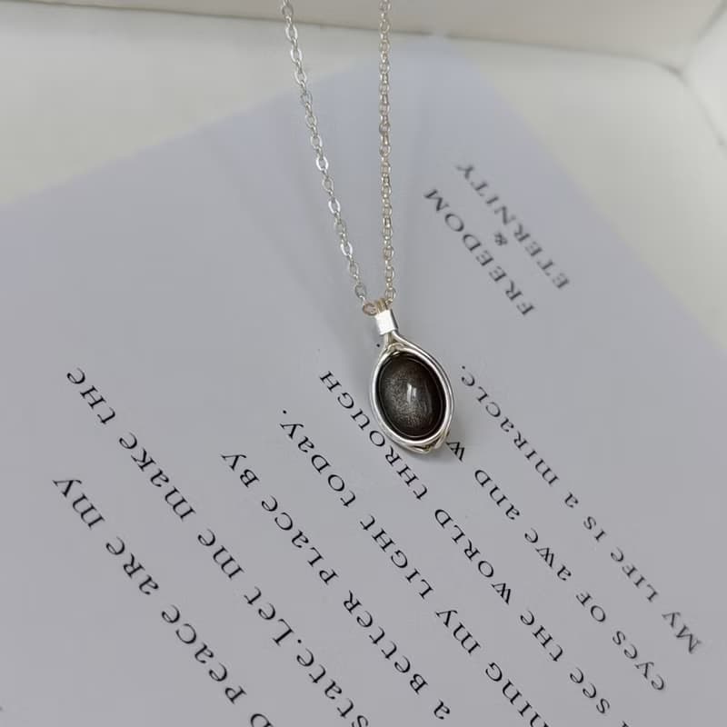 日光黑耀石吊墜 銀色耀石項鏈 純銀黑色弧面寶石鑲石項鍊