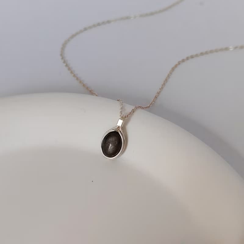 日光黑耀石吊墜 銀色耀石項鏈 純銀黑色弧面寶石鑲石項鍊