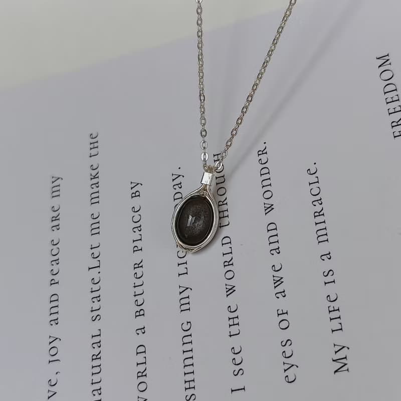 日光黑耀石吊墜 銀色耀石項鏈 純銀黑色弧面寶石鑲石項鍊