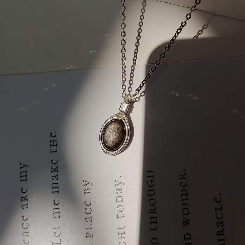 日光黑耀石吊墜 銀色耀石項鏈 純銀黑色弧面寶石鑲石項鍊