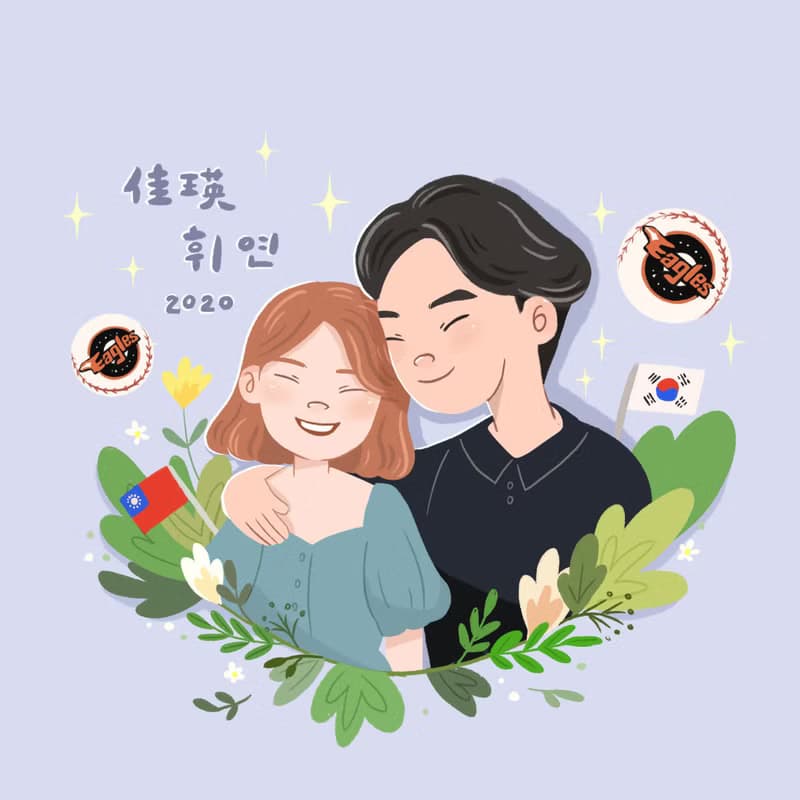 半身情侶似顏繪插畫設計 | 有裝飾 | 大頭貼 周年紀念 | 電子檔