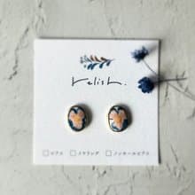 【再販】大輪 カラフル お花 陶器 金継ぎ ピアス イヤリング ノンホールピアス ネジバネ クリップ 花 個性的 個性派 ブルー 青 オレンジ 橙 ゴールド 金