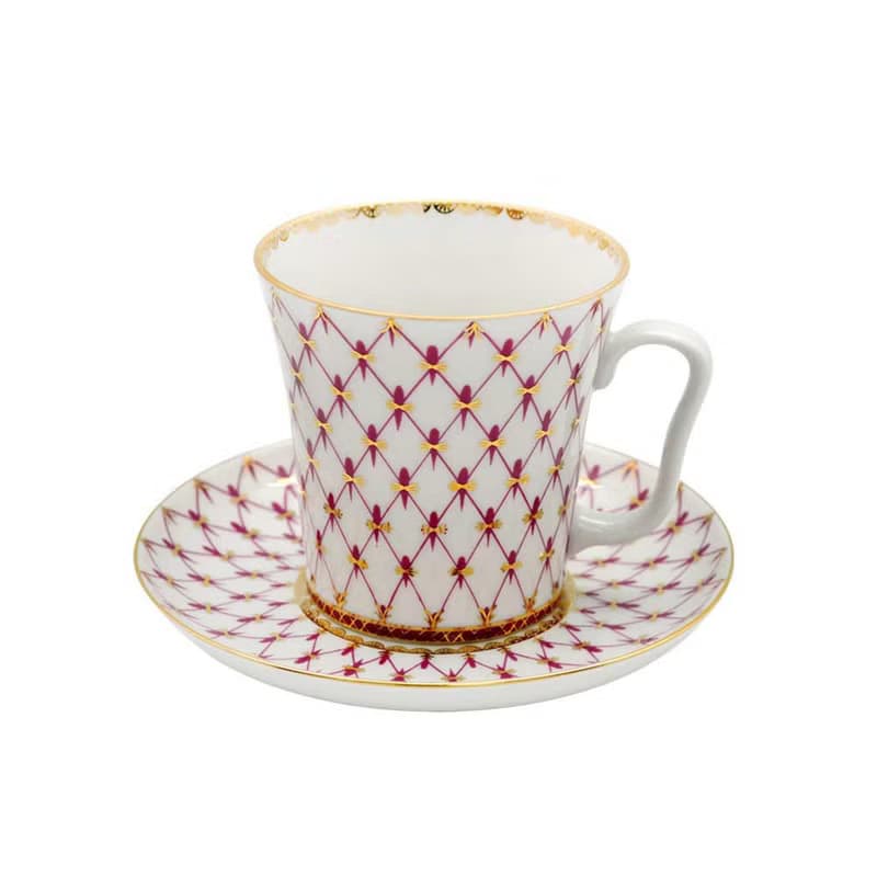 粉紅網格 22K金手工 350ml 馬克杯盤組