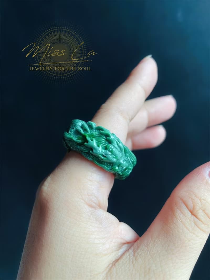 天然翡翠 手工龍戒 危地馬拉 雕刻戒指 內徑20.3mm 招財霸王 ring