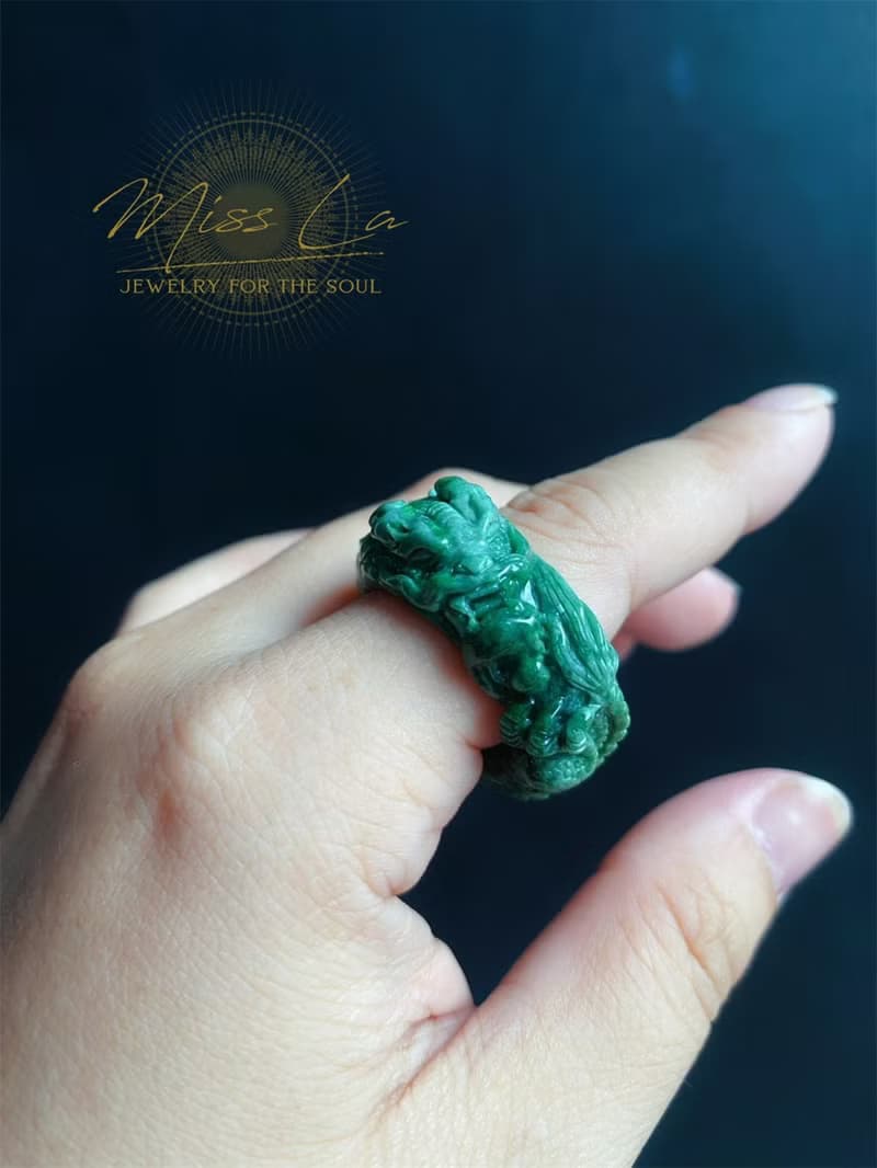 天然翡翠 手工龍戒 危地馬拉 雕刻戒指 內徑20.3mm 招財霸王 ring