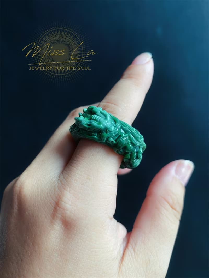 天然翡翠 手工龍戒 危地馬拉 雕刻戒指 內徑20.3mm 招財霸王 ring