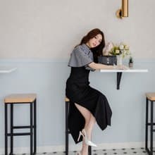 經典黑白格紋小披肩假兩件旗袍式洋裝