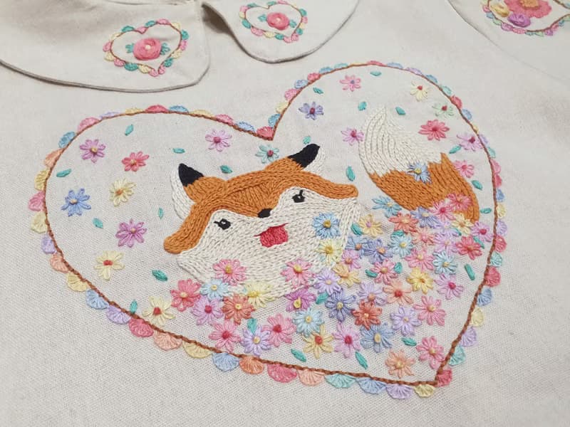 手工刺繡連衣裙、兔、狐、花、心