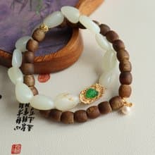 天然和田玉手鏈沉香手鏈銀鑲翡翠蓮花半山半水新中式手鏈好運連連