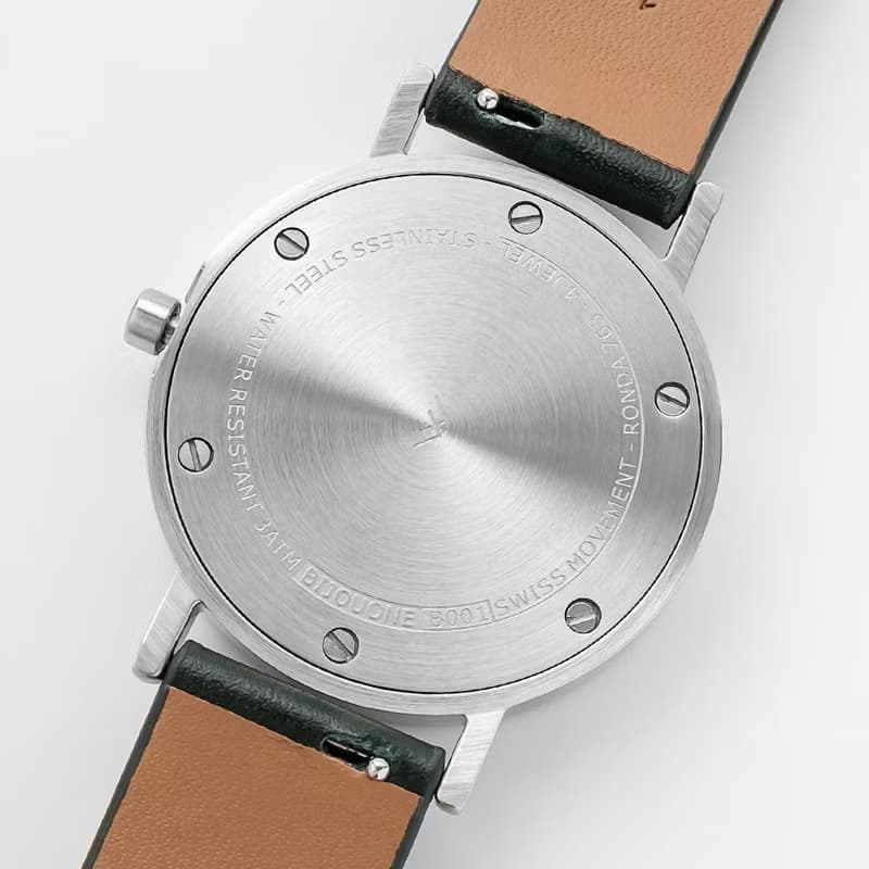 BIJOUONE彼樹灣B001系列銀色表殼白色表盤墨綠真皮表帶防水手錶