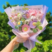 手工鉤針粉花甜兔花束新奇居家擺件新奇居家擺件