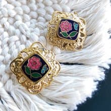 Vintage Jewelry 西洋古董飾品 景泰藍 黑底小花 針式耳環