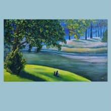 Original oil painting landscape old tree by river Riverside 30x50cm