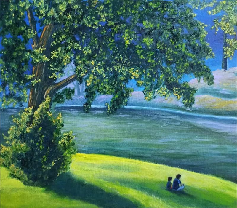 Original oil painting landscape old tree by river Riverside 30x50cm