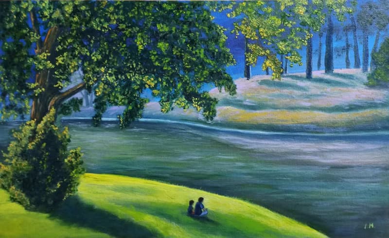 Original oil painting landscape old tree by river Riverside 30x50cm