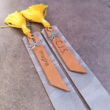 Personalized Leather Bookmark with Silver Dragonfly and Yellow Silk Tassel