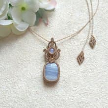 月光海。藍紋瑪瑙。藍光月光石。南美巴西蠟線編織項鍊