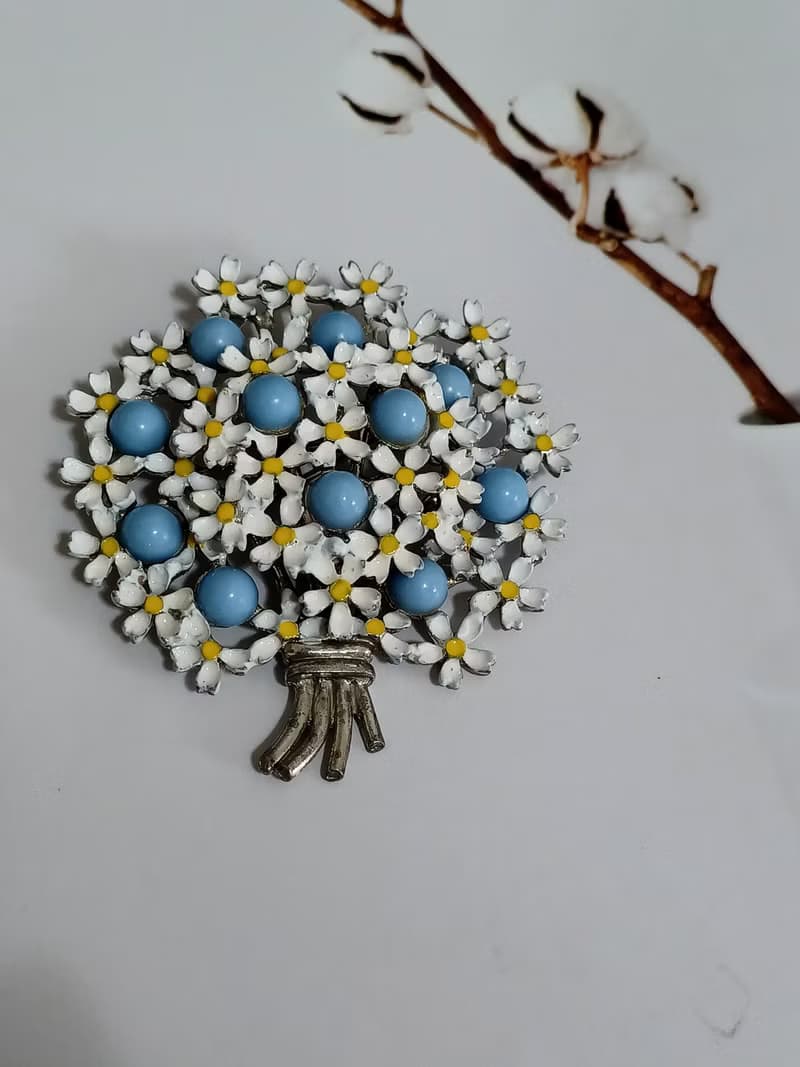 vintage jewelry 古董典雅琺瑯 勿忘我花束別針