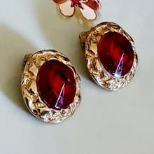vintage jewelry  艷麗酒紅萊茵尖鑽 夾式耳環
