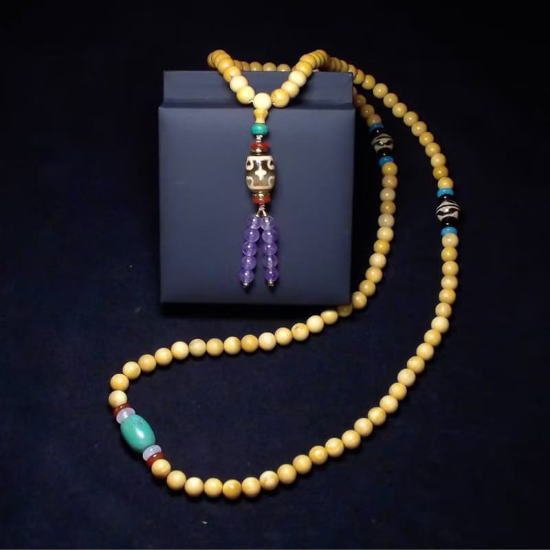 十字蓮花達洛天珠 雙虎牙天珠 綠松石佛珠 108顆黃楊木念珠