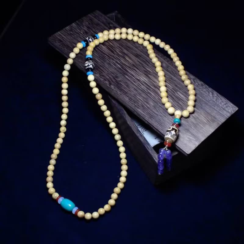 十字蓮花達洛天珠 雙虎牙天珠 綠松石佛珠 108顆黃楊木念珠