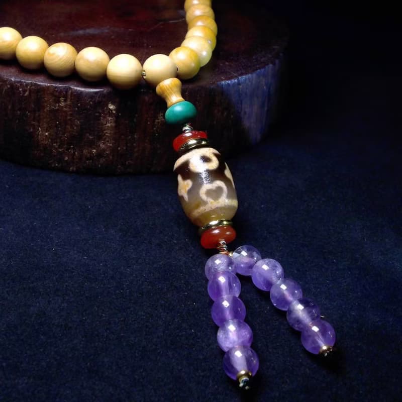 十字蓮花達洛天珠 雙虎牙天珠 綠松石佛珠 108顆黃楊木念珠