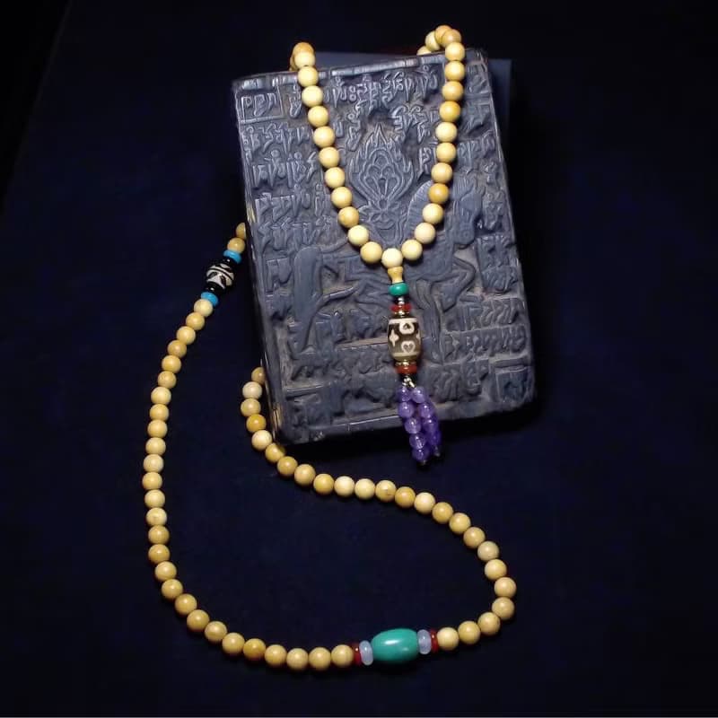 十字蓮花達洛天珠 雙虎牙天珠 綠松石佛珠 108顆黃楊木念珠