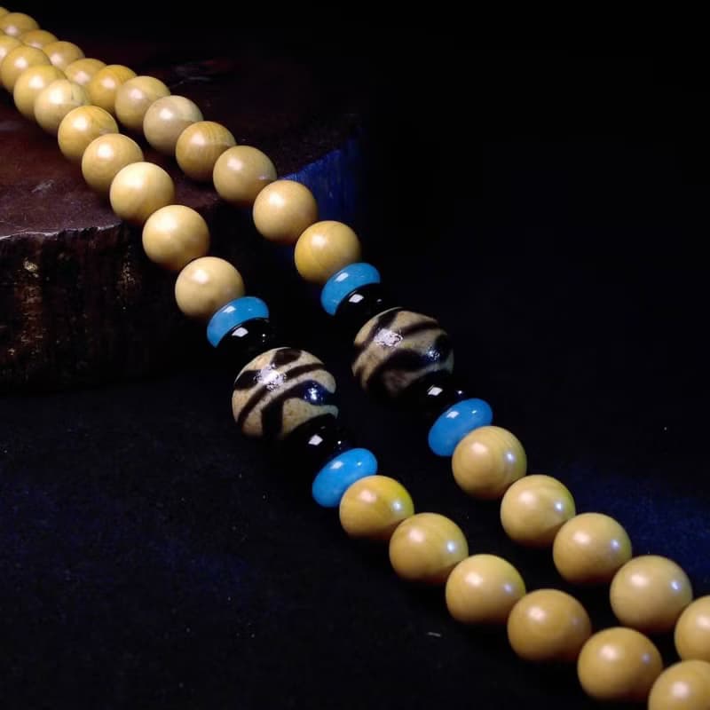 十字蓮花達洛天珠 雙虎牙天珠 綠松石佛珠 108顆黃楊木念珠