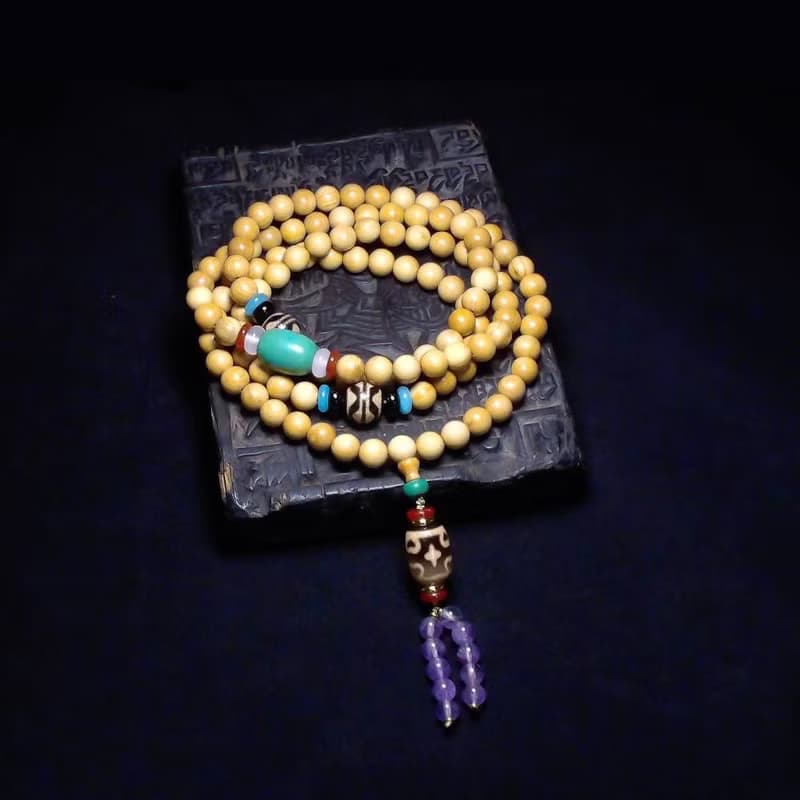 十字蓮花達洛天珠 雙虎牙天珠 綠松石佛珠 108顆黃楊木念珠
