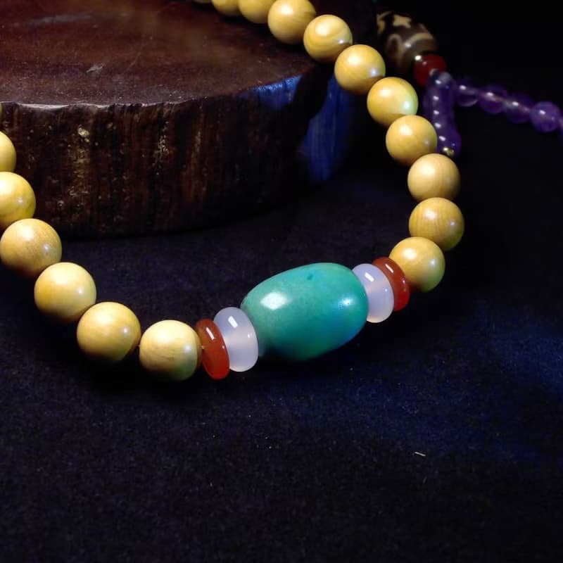 十字蓮花達洛天珠 雙虎牙天珠 綠松石佛珠 108顆黃楊木念珠