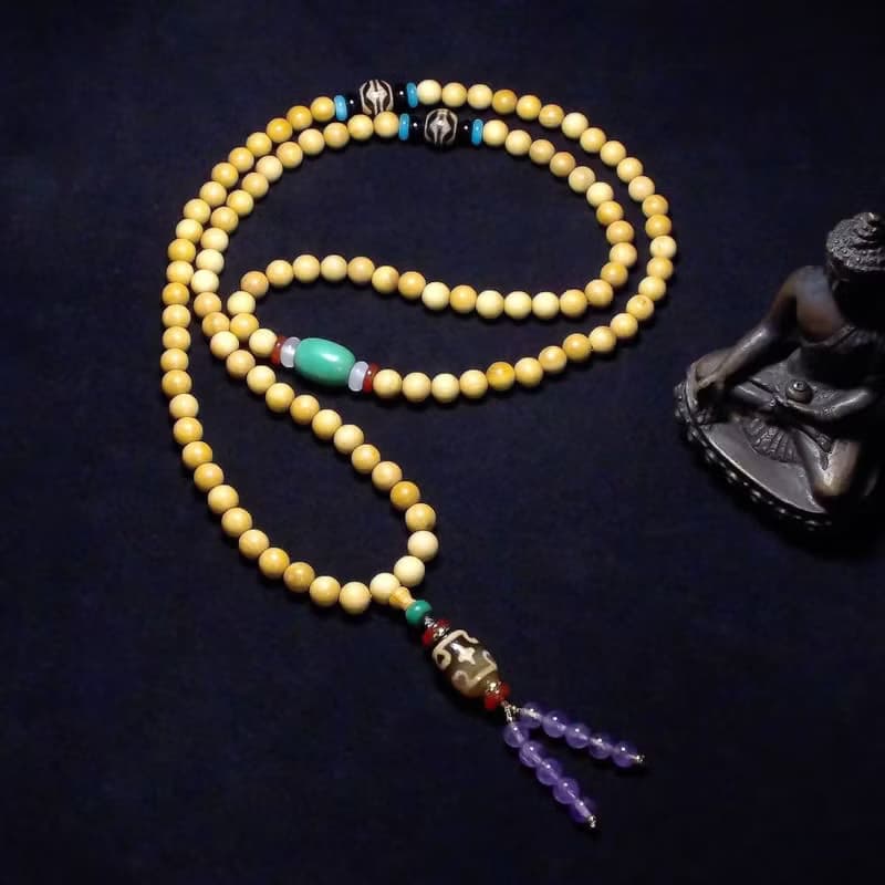 十字蓮花達洛天珠 雙虎牙天珠 綠松石佛珠 108顆黃楊木念珠