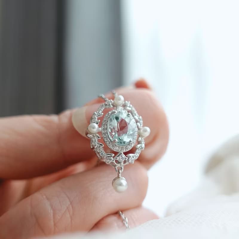 古典宮廷風設計 海水藍寶 晶體透徹 切工完美 純銀項鍊 禮物首選