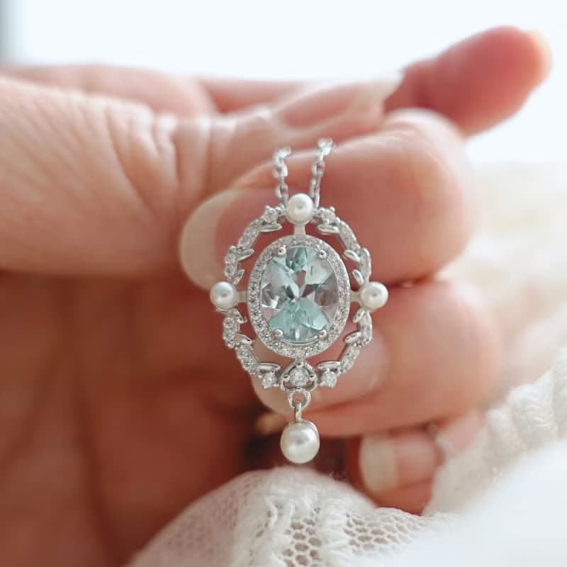 古典宮廷風設計 海水藍寶 晶體透徹 切工完美 純銀項鍊 禮物首選